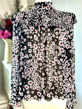 The Kooples Daisy Print Smocked Peplum Blouse Black Red NWT Small